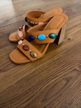 ShuShop Tan Block Heel Mule with Multicolored Stone Accents